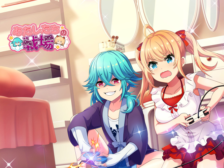 2girls ^^^ ahoge aya_(project_tokyo_dolls) bathrobe bed blonde_hair blue_hair blush bow bowtie breasts collarbone competition controller desk dot_nose drawer dress dutch_angle elbow_gloves fingerless_gloves frilled_dress frills game_controller gloves grin hair_between_eyes hair_bow highres holding holding_controller holding_game_controller indoors knee_up kneeling large_breasts medium_hair mirror motion_blur multiple_girls official_art on_floor open_mouth playing_games project_tokyo_dolls purple_robe red_bow red_bowtie red_eyes red_skirt robe second-party_source shaded_face shelf shirt side_ponytail sidelocks sitting skirt smile sparkle tearing_up translated twintails wavy_mouth white_dress white_gloves white_shirt yamada_(project_tokyo_dolls)