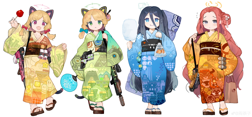 4girls ?_block absurdres alternate_costume animal_ear_headphones animal_ears aris_(blue_archive) bag bagged_fish battle_rifle belt_pouch black_hair blonde_hair blue_archive blue_bow blue_eyes bow cacodemon candy_apple cat_ear_headphones character_request clip_(weapon) closed_mouth coin commentary cotton_candy doom_(series) fake_animal_ears fish flying_sweatdrops food forehead frown full_body game_development_department_(blue_archive) geta goldfish green_eyes grey_eyes gun h&amp;k_g3 hair_between_eyes hair_bow hair_bun halo hand_fan headphones highres holding holding_bag holding_cotton_candy holding_fan holding_food imp_(doom) japanese_clothes kimono long_bangs long_hair long_hair_between_eyes looking_at_viewer m320 mario_(series) medium_hair menthako mettaton mettaton_ex midori_(blue_archive) momoi_(blue_archive) multiple_girls new_super_mario_bros._u_deluxe nintendo no_socks obi obijime one-eyed open_mouth pain_elemental paper_fan pouch print_kimono red_bow red_eyes red_hair rifle sandals sash short_hair simple_background single_hair_bun single_side_bun standing straight-on super_mario_3d_land super_mario_3d_world super_mario_odyssey super_star_(mario) tail the_legend_of_zelda the_legend_of_zelda:_breath_of_the_wild the_legend_of_zelda:_tears_of_the_kingdom uchiwa undertale v-shaped_eyebrows very_long_hair warp_pipe watermark weapon weibo_watermark white_background yukata yuzu_(blue_archive) zouri |_|