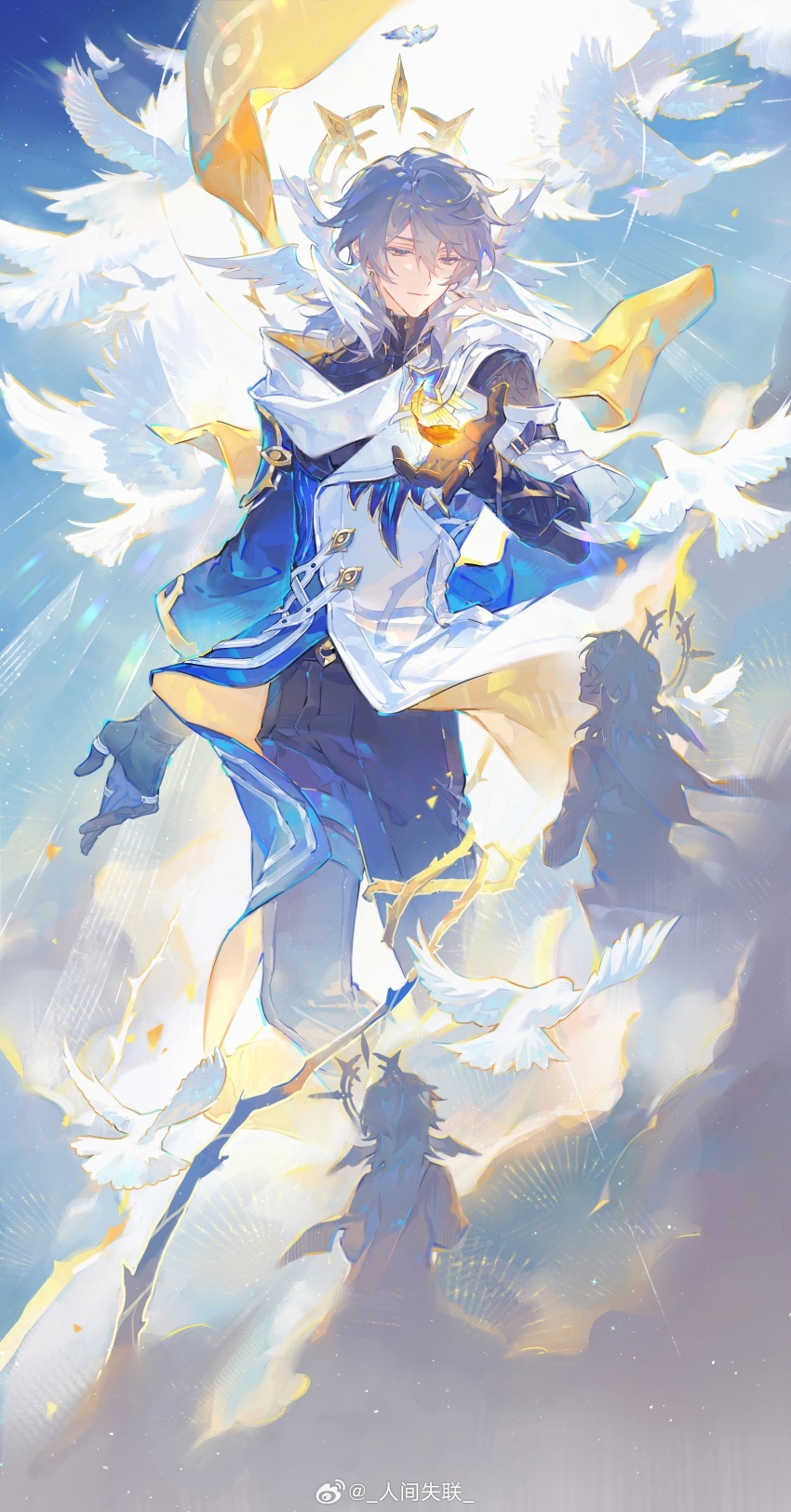 1boy absurdres bird black_gloves black_pants closed_mouth cloud coat earrings eye_symbol feathered_wings gloves gold_earrings grey_hair hair_between_eyes halo halo_behind_head hand_up head_wings highres honkai:_star_rail honkai_(series) jacket jewelry long_sleeves looking_down male_focus medium_hair pants renjian_shilian scarf shirt sky smile solo spiked_halo standing sunday_(honkai:_star_rail) thorns watermark weibo_watermark white_coat white_scarf white_wings wings yellow_eyes