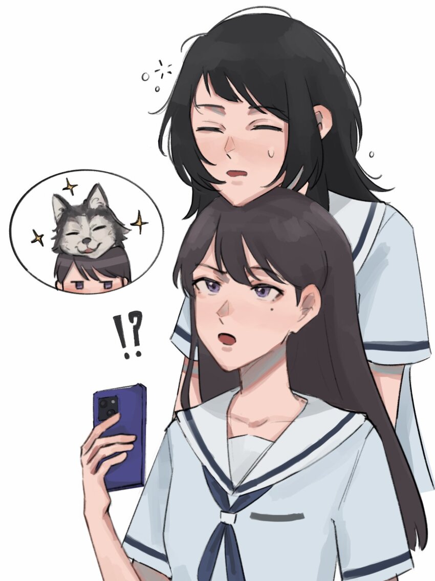 !? 2girls bang_dream! bang_dream!_it&#039;s_mygo!!!!! black_hair blue_neckerchief blue_sailor_collar blue_shirt brown_hair cellphone chin_rest closed_eyes collarbone commentary dog hanasakigawa_school_uniform hand_up head_on_head head_rest highres holding holding_phone imagining leaning_on_person long_hair looking_at_another looking_up mole mole_under_eye multiple_girls neckerchief open_mouth phone purple_eyes raised_eyebrow sailor_collar sailor_shirt school_uniform shiina_taki shirt short_sleeves sleepy smartphone sparkle squeans straight_hair summer_uniform sweatdrop symbol-only_commentary w_(juusepx) yahata_umiri