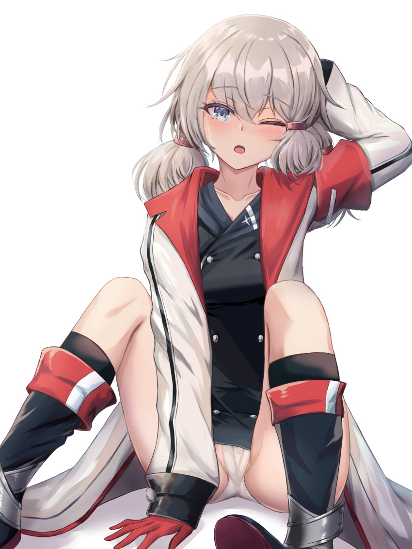 1girl arm_behind_head arm_up azur_lane between_legs black_boots black_dress blue_eyes blush boots breasts commentary_request commission denver_(azur_lane) dress gloves grey_hair habu_rin hair_between_eyes hand_between_legs highres jacket knees_up long_hair long_sleeves low_twintails medium_breasts one_eye_closed open_clothes open_jacket open_mouth panties red_gloves simple_background sitting skeb_commission sleeves_past_wrists solo twintails underwear white_background white_jacket white_panties