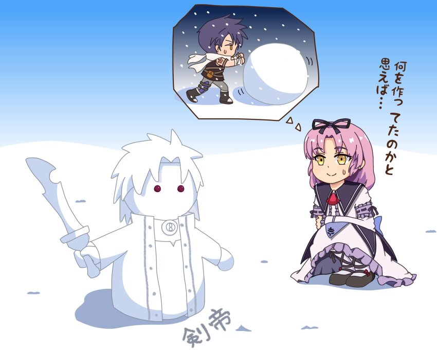 1girl a_suteru black_ribbon blue_sky commentary_request curtained_hair dress eiyuu_densetsu gothic_lolita hair_ribbon highres joshua_bright leonhardt_(eiyuu_densetsu) lolita_fashion medium_hair purple_hair renne_(eiyuu_densetsu) ribbon scarf sky snow snowman sora_no_kiseki spoken_character squatting sweat translation_request white_dress white_scarf winter yellow_eyes