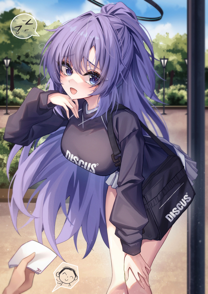 1boy 1girl absurdres alternate_costume alternate_hairstyle bag bent_over black_bag black_shirt blue_archive blush doodle_sensei_(blue_archive) hair_between_eyes handkerchief hidel highres holding holding_bag holding_handkerchief long_hair looking_at_viewer open_mouth ponytail purple_eyes purple_hair sensei_(blue_archive) shirt skirt sweat white_skirt yuuka_(blue_archive)