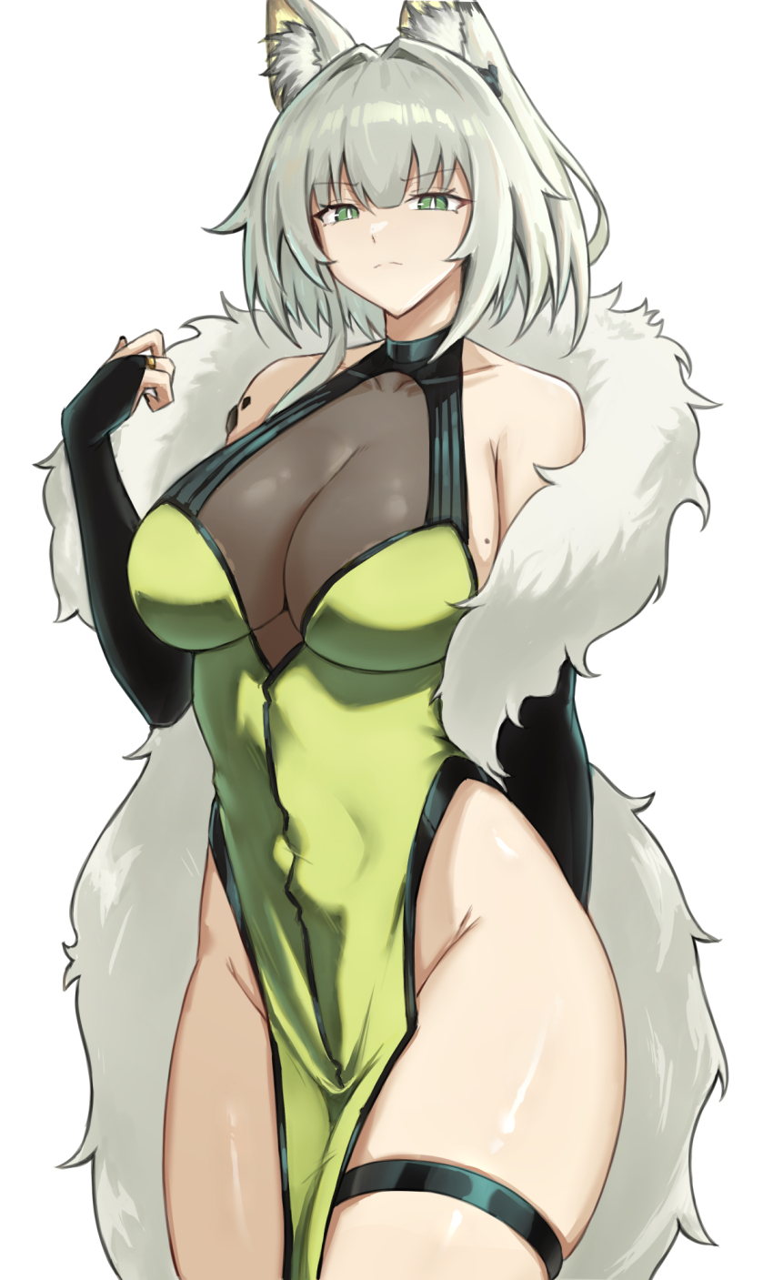 1girl animal_ear_fluff animal_ears arknights bare_shoulders black_bridal_gauntlets breasts bridal_gauntlets bright_pupils cat_ears cat_girl cleavage closed_mouth collarbone commentary covered_erect_nipples cowboy_shot dress english_commentary expressionless fangs_(fangs_art) feather_boa green_dress green_eyes grey_background grey_hair highleg highleg_dress highres kal&#039;tsit_(arknights) large_breasts looking_at_viewer material_growth medium_hair mole mole_on_breast oripathy_lesion_(arknights) pelvic_curtain see-through_cleavage see-through_clothes simple_background solo thigh_strap thighs white_background white_pupils wide_hips