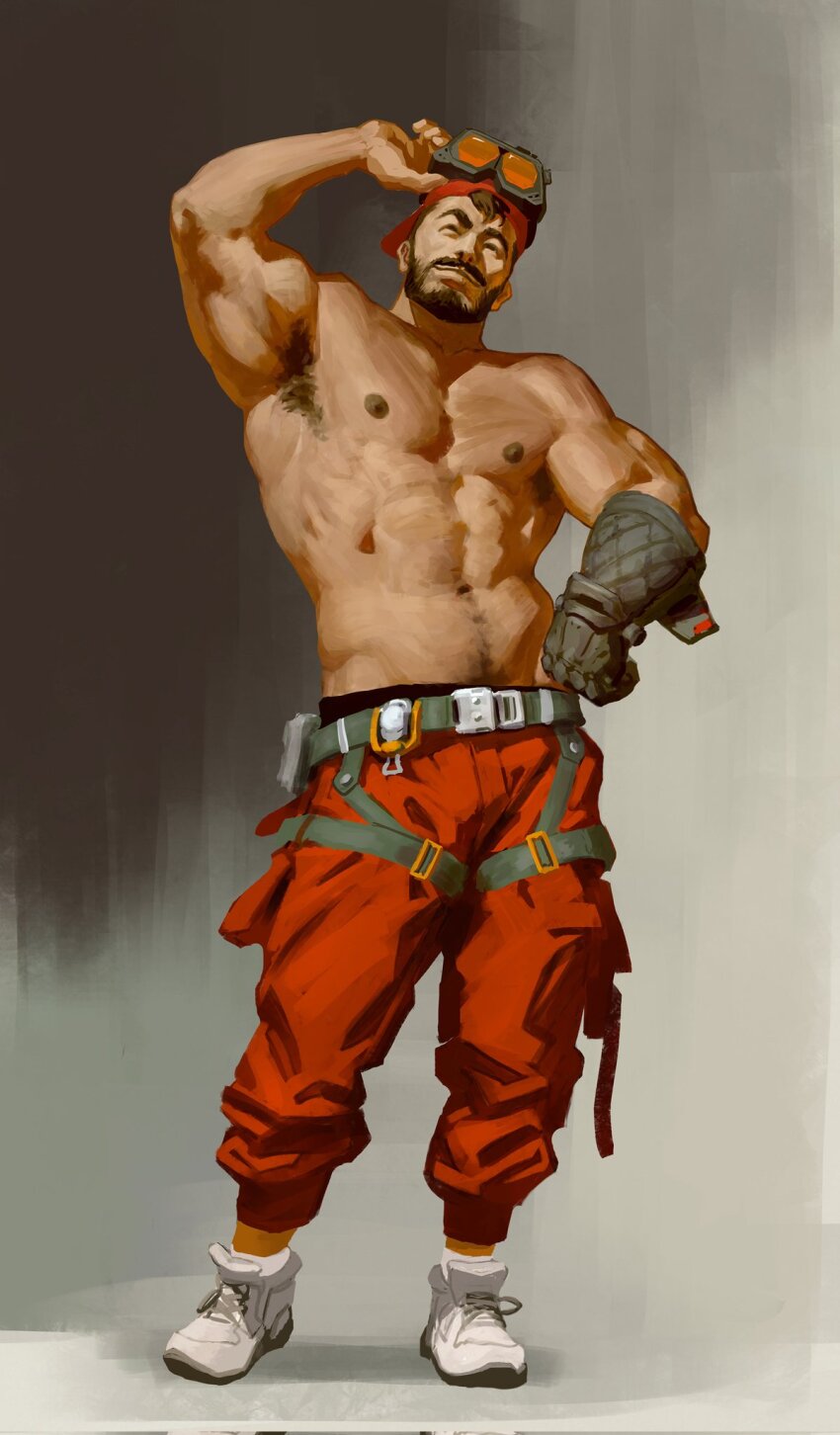 1boy armpit_hair bara beard belt black_hair chens_art engineer facial_hair full_beard goggles goggles_on_head green_belt highres muscular muscular_male original pants red_pants topless_male