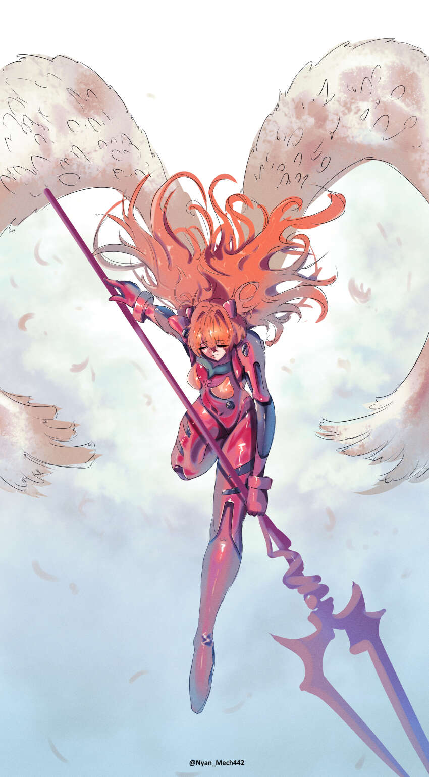 1girl absurdres angel angel_wings artist_name bodysuit brown_hair clip_studio_paint_(medium) commentary feathered_wings full_body highres holding holding_polearm holding_weapon interface_headset_(evangelion) lance_of_longinus_(evangelion) long_hair mecha_pilot_suit neon_genesis_evangelion nyanmech plugsuit_(evangelion) polearm red_bodysuit souryuu_asuka_langley weapon wings