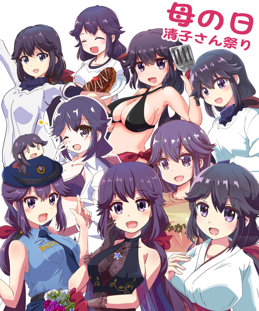 1girl bikini closed_eyes halter_shirt halterneck hat highres holding holding_spatula japanese_clothes long_hair low_ponytail machikado_mazoku mature_female miko mother&#039;s_day multiple_views n88_colpla one_eye_closed oohara_sayaka open_mouth police police_hat police_uniform policewoman ponytail purple_eyes purple_hair shirt side-tie_bikini_bottom smile spatula sweater swimsuit turtleneck turtleneck_sweater white_shirt yoshida_seiko