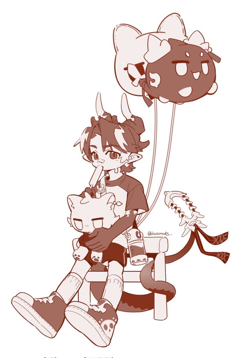 1boy against_railing aged_down arknights balloon bandaid bandaid_on_face bandaid_on_nose chinese_commentary chongyue_(arknights) commentary_request dragon_boy dragon_horns dragon_tail food food_in_mouth highres horns kurono_233 looking_at_viewer male_focus monochrome pointy_ears popsicle popsicle_in_mouth railing stuffed_animal stuffed_toy tail