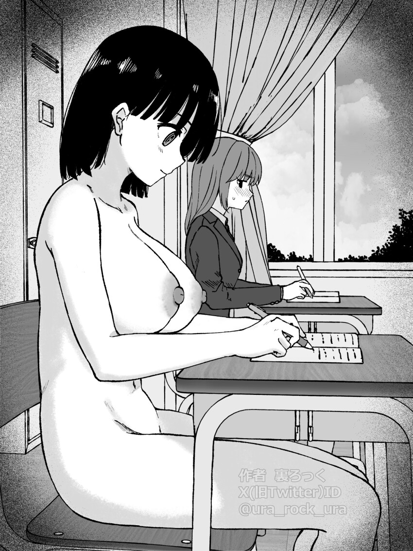 2girls @_@ absurdres artist_name blush breasts chair classroom cleavage closed_mouth cloud collarbone collared_shirt commentary_request completely_nude curtains desk exhibitionism greyscale hako_roku highres holding holding_pen huge_breasts hypnosis indoors jacket jitome kanami_kanna kunoichi_hajimemashita! long_hair long_sleeves mind_control monochrome multiple_girls navel nipples notebook nude parted_lips pen public_indecency school school_chair school_desk school_uniform shirt short_hair sidelocks sitting sky smile sweat tree twitter_username watermark window