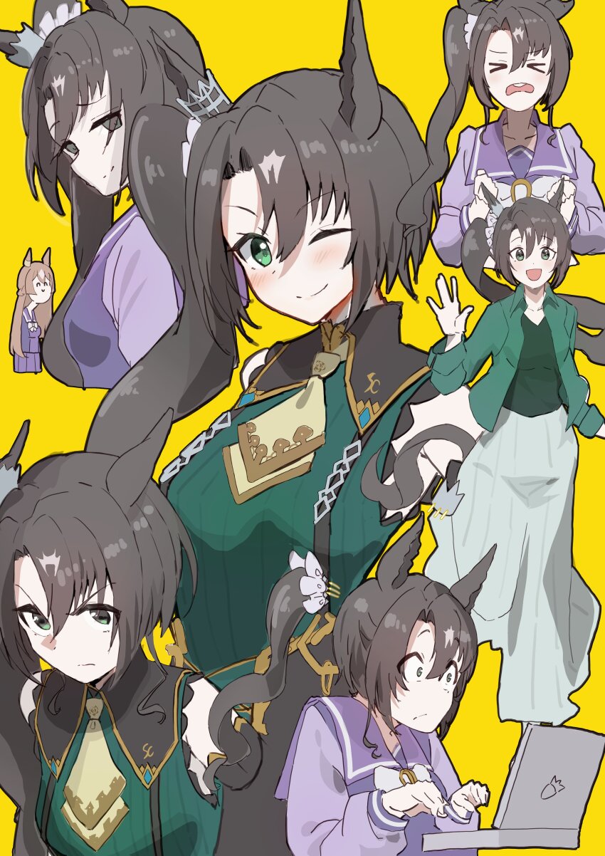 2girls absurdres alternate_costume animal_ears ascot bare_shoulders bow braid breasts brown_hair commentary_request computer ear_ornament green_eyes green_jacket green_shirt hair_between_eyes half_up_braid highres horse_ears horse_girl jacket laptop long_hair long_skirt long_sleeves looking_at_viewer medium_breasts multicolored_hair multiple_girls multiple_views one_eye_closed open_clothes open_jacket open_mouth ponytail purple_shirt sailor_collar satono_crown_(umamusume) satono_diamond_(umamusume) school_uniform shirt simple_background skirt sleeveless sleeveless_shirt smile streaked_hair teeth tracen_school_uniform tsujiya_okuyasu umamusume upper_teeth_only white_background white_bow white_hair white_skirt yellow_ascot yellow_background