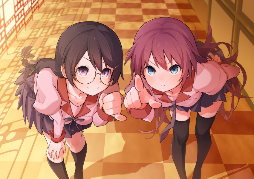 2girls aqua_eyes bad_id bad_pixiv_id bakemonogatari black_hair blue_eyes bow braid glasses hanekawa_tsubasa highres kneehighs long_hair miyoshi_yoshimi monogatari_(series) multiple_girls necktie ponytail purple_eyes purple_hair school_uniform senjougahara_hitagi skirt socks stapler thighhighs