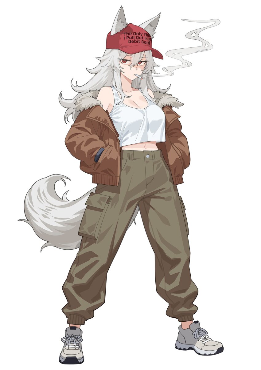 1girl animal_ears cigarette commission english_text hands_in_pockets hat highres jacket jacket_partially_removed kuso_otoko long_hair messy_hair midriff navel original pants red_eyes shoes smoke sneakers solo tail tank_top white_hair white_tank_top wolf_ears wolf_tail