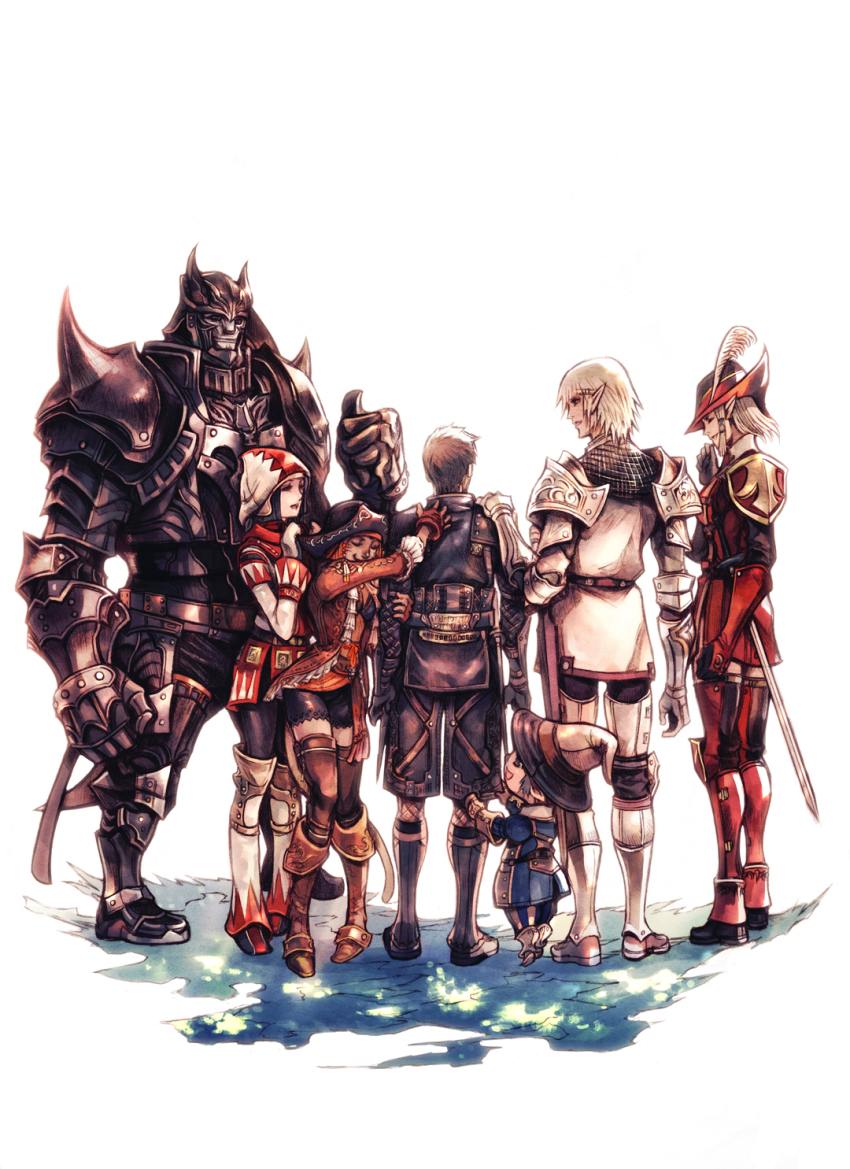 3girls 4boys :d adventurer_(ff11) armor beard black_armor black_bra black_gloves black_hair black_hat black_helmet black_mage_(final_fantasy) black_pantyhose black_shorts blue_pants boots bra breastplate breasts capri_pants cat_tail cleavage closed_mouth commentary corsair_(final_fantasy) dark-skinned_female dark_knight_(final_fantasy) dark_skin elf elvaan facial_hair facial_mark fake_horns faulds final_fantasy final_fantasy_xi fingerless_gloves fishnets full_armor galka gauntlets gloves greaves grey_eyes grey_hair hand_on_another&#039;s_arm hand_on_another&#039;s_back hand_on_another&#039;s_shoulder hand_up hat hat_feather helmet highres horned_helmet horns hume jacket long_sleeves medium_breasts mithra_(ff11) multiple_boys multiple_girls ninja_(final_fantasy) nomura_tetsuya official_art open_mouth orange_hair paladin_(final_fantasy) pants pantyhose pointy_ears red_boots red_gloves red_jacket red_mage_(final_fantasy) red_thighhighs robe second-party_source short_hair shorts shoulder_armor shoulder_spikes simple_background smile spiked_armor spikes standing striped_clothes striped_pants sword tail tarutaru thighhighs thumbs_up tricorne underwear vertical-striped_clothes vertical-striped_pants weapon whisker_markings white_background white_hair white_mage_(final_fantasy) witch_hat