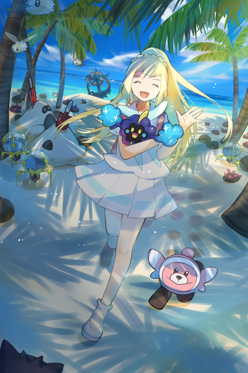 1girl :d asagi1111 backpack bag blonde_hair closed_eyes cloud commentary_request cosmog cutiefly day dewpider dhelmise eyelashes gen_7_pokemon highres holding holding_pokemon legendary_pokemon lillie_(pokemon) long_hair nintendo open_mouth outdoors palm_tree pleated_skirt pokemon pokemon_(creature) pokemon_sm pyukumuku sand sandygast shirt shoes short_sleeves skirt sky smile socks standing stufful tongue tree white_footwear white_legwear white_shirt white_skirt