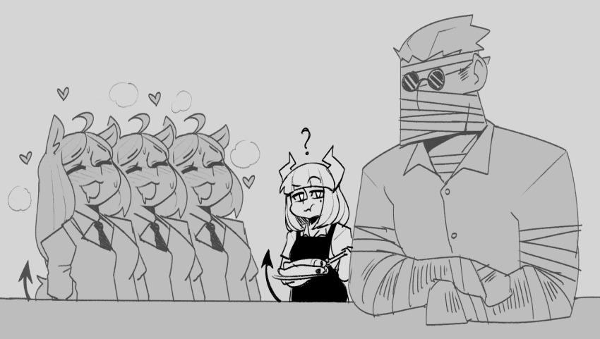 1boy 4girls ? aftersex animal_ears bandages cerberus_(helltaker) demon_girl demon_tail dog_ears food greyscale heart helltaker helltaker_(character) horns krekkov lucifer_(helltaker) mole mole_under_eye monochrome multiple_girls pancake saliva shirt sunglasses tail