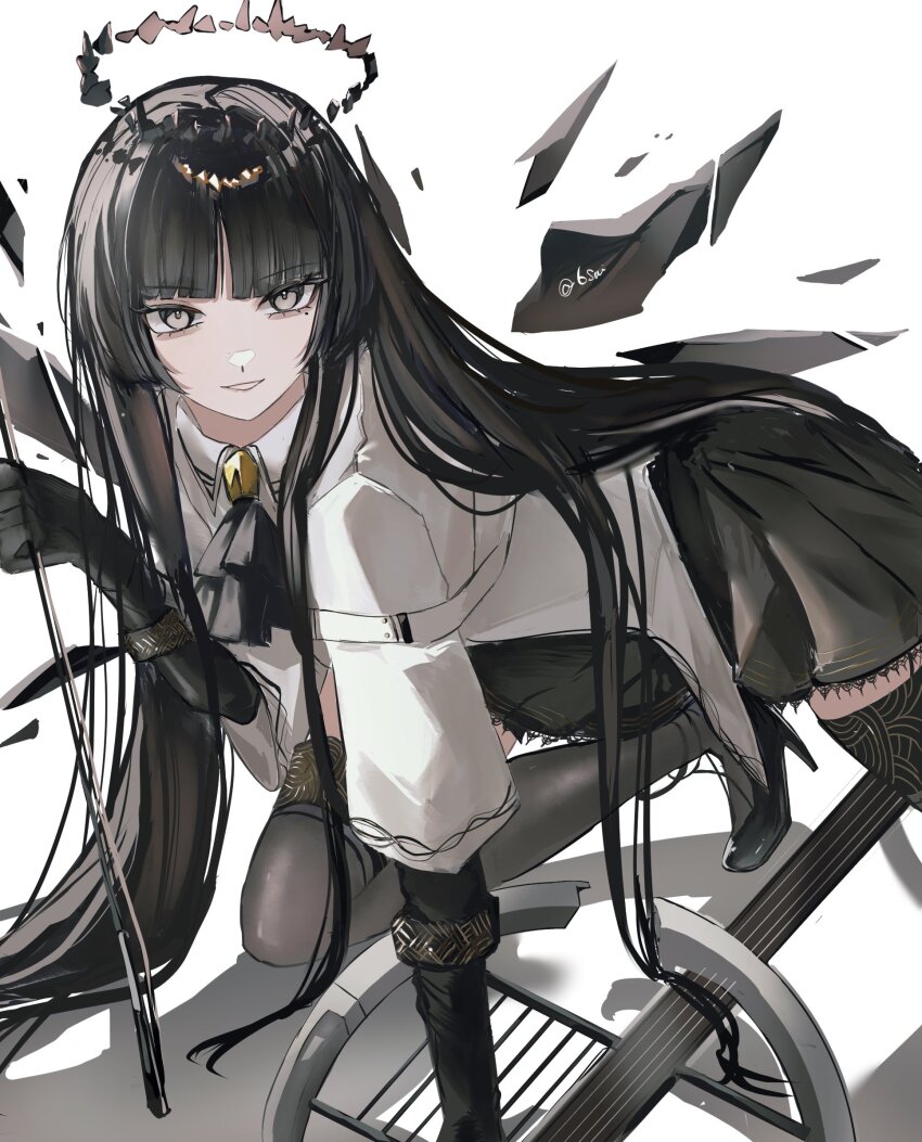 1girl a6_9s_rinlin angel_wings arknights black_gloves black_hair black_skirt black_thighhighs blunt_bangs cello elbow_gloves gloves grey_eyes halo highres hime_cut instrument kneeling light_smile long_hair looking_at_viewer mole mole_under_eye simple_background skirt thighhighs virtuosa_(arknights) white_background wings