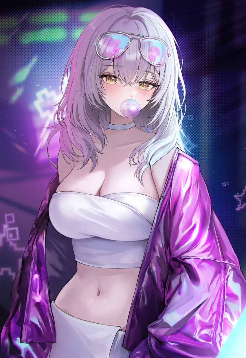 1girl absurdres alternate_costume bare_shoulders blowing_bubbles breasts choker cleavage commentary eyewear_on_head grey_choker grey_hair highres honkai:_star_rail honkai_(series) jacket large_breasts long_hair long_sleeves looking_at_viewer midriff navel off_shoulder open_clothes open_jacket purple_jacket solo stelle_(honkai:_star_rail) stomach strapless sunglasses trailblazer_(honkai:_star_rail) tube_top upper_body yellow_eyes zije