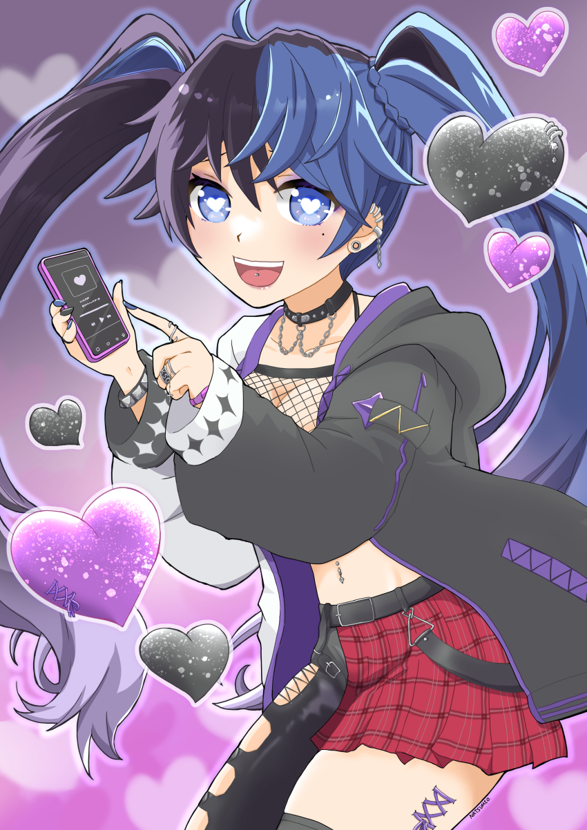 1girl :d absurdres ahoge belt black_belt black_choker black_hair black_hoodie black_nails black_pants black_thighhighs blue_hair blue_nails breasts cellphone choker cleavage ear_piercing earrings fishnet_top fishnets half-skirt heart heart-shaped_pupils highres holding holding_phone hood hoodie jewelry kson kson_(goth) large_breasts long_hair looking_at_viewer miniskirt mole mole_under_eye multicolored_hair multicolored_nails nail_polish natsumiyuhi navel navel_piercing necklace open_clothes open_hoodie open_mouth pants phone piercing purple_hair purple_nails red_skirt ring skirt smile streaked_hair symbol-shaped_pupils thighhighs tongue_piercing twintails two-tone_hoodie virtual_youtuber vshojo white_hoodie