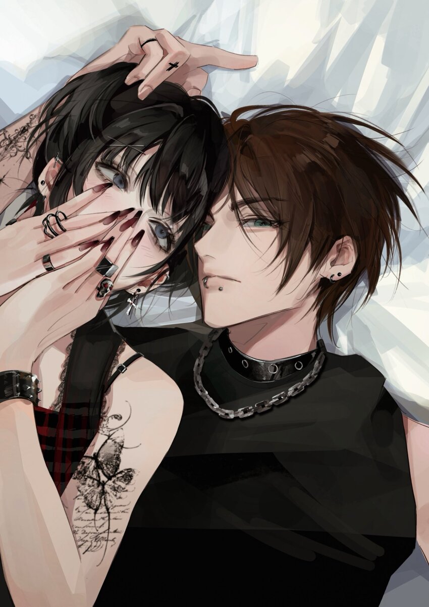 1boy 1girl black_hair black_shirt blue_eyes brown_hair collar couple eren_yeager goth_fashion green_eyes highres miamo177996 mikasa_ackerman red_nails shingeki_no_kyojin shirt short_hair tattoo