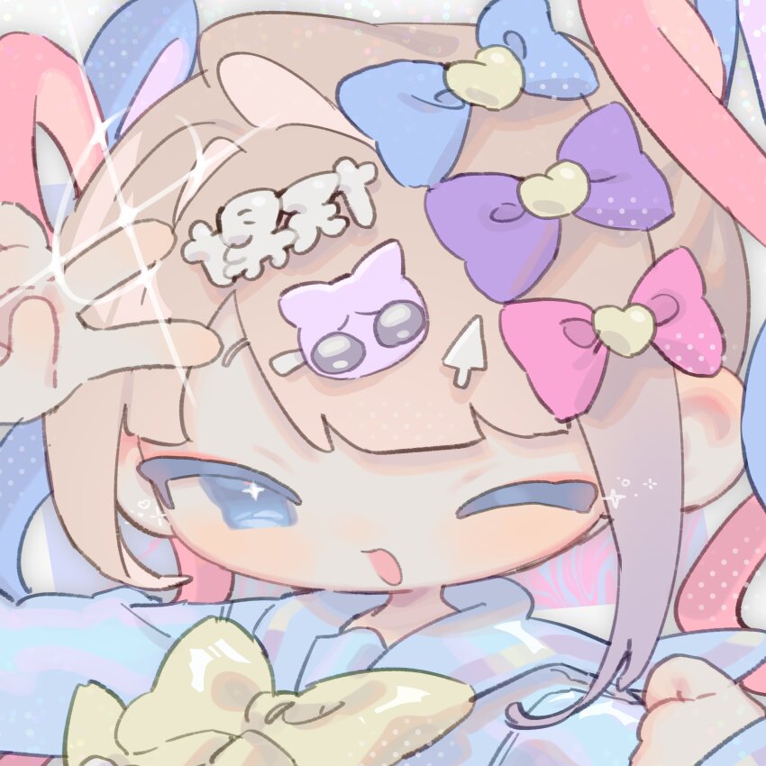 1girl absurdres arm_up asymmetrical_sidelocks blue_bow blue_hair blue_serafuku blush bow bowtie brown_hair cat_hair_ornament chouzetsusaikawa_tenshi-chan commentary_request cursor diffraction_spikes emoji gradient_hair hair_bow hair_ornament hand_up highres long_sleeves looking_at_viewer multicolored_hair multiple_hair_bows needy_girl_overdose one_eye_closed open_mouth pink_bow pink_hair pleading_face_emoji portrait purple_bow purple_hair quad_tails raised_eyebrows school_uniform serafuku sidelocks smile solo tendoshi text_hair_ornament translation_request v white_background yellow_bow yellow_bowtie
