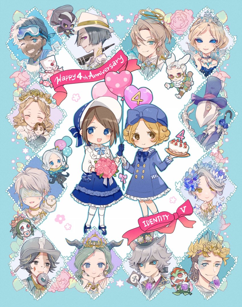 6+boys 6+girls :3 :d animal_ears animal_hands anniversary aqua_eyes arm_up ascot balloon black_gloves black_hair black_necktie black_sclera blindfold blonde_hair blue_dress blue_eyes blue_eyeshadow blue_flower blue_gloves blue_headwear blue_rose blush bonnet bouquet bow bracelet braid brown_eyes cake candle cane cat_ears champagne_flute character_doll chibi closed_eyes collarbone collared_shirt colored_eyelashes colored_sclera colored_skin copyright_name cross-shaped_pupils cup curly_hair dark-skinned_male dark_skin doll donut dress drinking_glass earrings eli_clark eli_clark_(&quot;white&quot;) emma_woods emma_woods_(boudoir_dream) eric_knikki eyeshadow eyewear_strap facial_mark fan_wujiu fang fang_out fiona_gilman fiona_gilman_(ephemeral) flipped_hair flower food freddy_riley freddy_riley_(mr._bunny) frilled_gloves frilled_sleeves frills glasses gloves goggles goggles_around_neck goggles_on_headwear green_skin grey_hair hair_bun hair_over_shoulder half_updo halo hand_on_own_chin hands_on_own_chin hat head_rest headdress heart_balloon highres holding holding_balloon holding_bouquet holding_photo holding_plate holding_umbrella horns hugging_doll hugging_object identity_v jack_(golden_tentacle)_(identity_v) jack_(identity_v) jewelry joseph_desaulniers joseph_desaulniers_(moonlight_gentleman) light_green_hair light_smile long_hair long_sleeves looking_at_viewer low_ponytail luca_balsa luca_balsa_(paranormal_detective) luchino_(identity_v) luchino_diruse luchino_diruse_(spring_heated_wine) magnet makeup mary_(identity_v) mary_(night_tides)_(identity_v) mask mechanical_halo memory_(identity_v) memory_(source_of_evil)_(identity_v) monocle multicolored_hair multicolored_skin multiple_boys multiple_girls neckerchief necklace necktie norton_campbell norton_campbell_(jarhead) oil-paper_umbrella open_mouth orpheus_(identity_v) photo_(object) pink_eyes pink_flower plate ponytail purple_eyes purple_eyeshadow purple_skin rabbit_ears robbie_(identity_v) robbie_(marshmallow)_(identity_v) rose scales sharp_teeth shirt short_hair_with_long_locks single_braid single_earring single_hair_bun smile snow star_(symbol) symbol-shaped_pupils teeth tiara top_hat tracy_reznik tracy_reznik_(just_around_the_corner) two-tone_hair two-tone_skin umbrella vera_nair vera_nair_(mnemosyne&#039;s_dream) violetta_(identity_v) watch weeping_clown_(identity_v) weeping_clown_(swallow_of_deception)_(identity_v) white_ascot white_gloves white_hair wide_sleeves william_ellis william_ellis_(speed_skating) wing_collar wu_chang wu_chang_(celestial_cycle) x-shaped_pupils xie_bian yellow_eyes yellow_eyeshadow yellow_neckerchief