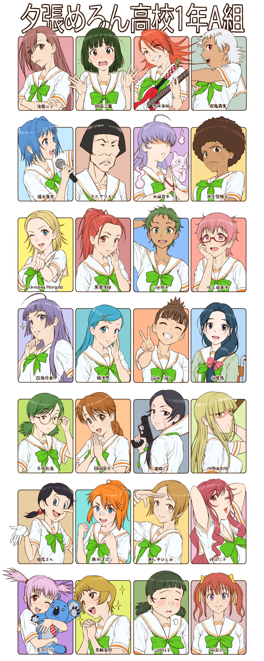 6+girls :d absurdres adjusting_eyewear ahoge arm_behind_head arms_behind_head black_eyes black_hair blue_eyes blue_hair blunt_bangs bow braid brown_hair candy cat character_request clenched_hands copyright_request dark-skinned_female dark_skin earrings facial_scar flying_sweatdrops food gloves green_hair grin guitar gun hair_bow hair_ornament hair_over_eyes hair_over_one_eye hair_ribbon hairclip handgun highres hitodama instrument jewelry lips lollipop long_hair low-tied_long_hair low_twintails microphone mole mole_under_eye mole_under_mouth multiple_girls nigou one_eye_closed open_mouth orange_eyes orange_hair own_hands_together pink_eyes pink_hair pinocchio_(disney_character) pistol pointing pointing_at_viewer ponytail profile puff_of_air purple_eyes purple_hair red_eyes red_hair ribbon salute scar scar_on_cheek scar_on_face school_uniform serafuku short_hair short_twintails sigh single_braid smile sparkle star-shaped_pupils star_(symbol) stuffed_koala swept_bangs symbol-shaped_pupils translation_request twintails v weapon white_gloves white_hair yellow_ribbon yuubari_melon_koukou