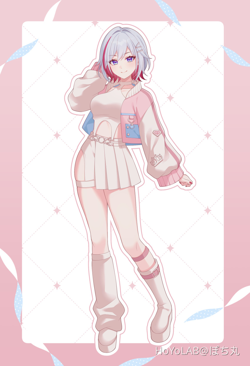 1girl absurdres blue_eyes blush closed_mouth colored_inner_hair crop_top grey_hair hair_between_eyes hair_ornament hairclip highres honkai:_star_rail honkai_(series) jacket long_sleeves medium_hair midriff multicolored_hair pochimaru_(marumaru_wanwan) red_hair shirt shoes short_hair simple_background skirt smile solo streaked_hair sweater_jacket thighhighs topaz_(honkai:_star_rail) white_shirt white_shoes white_skirt white_thighhighs