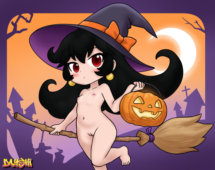 1girl artist_name ashley_(warioware) black_hair border bow breasts broom collarbone crescent_moon dayshi_sunshine earrings feet female_focus hair_between_eyes halloween halloween_bucket hat hat_bow highres holding holding_broom jewelry loli long_hair moon navel nintendo nude orange_bow outdoors purple_border pussy red_eyes sidelocks sitting small_breasts solo standing standing_on_one_leg stomach toes uncensored warioware witch_hat