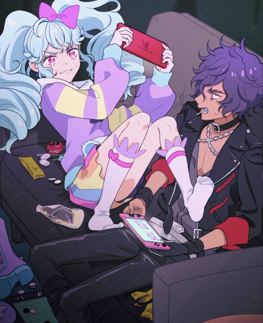 1boy 1girl annoyed black_jacket black_pants blue_hair bow candy commentary_request couch dark-skinned_male dark_skin drill_hair food grey_shirt hair_bow hair_over_one_eye handheld_game_console highres holding holding_handheld_game_console hood hoodie idol_land_pripara indoors jacket katasumi_amari long_hair long_sleeves looking_at_another lying mario_(pripara) moshiya_kore_wa_hoshigaki nintendo_switch on_back on_couch open_mouth pants pink_bow pink_eyes playing_games pout pretty_series pripara purple_hoodie rainbow_skirt shirt shoes short_hair sitting socks tearing_up twin_drills twintails unworn_shoes white_socks yo-yo