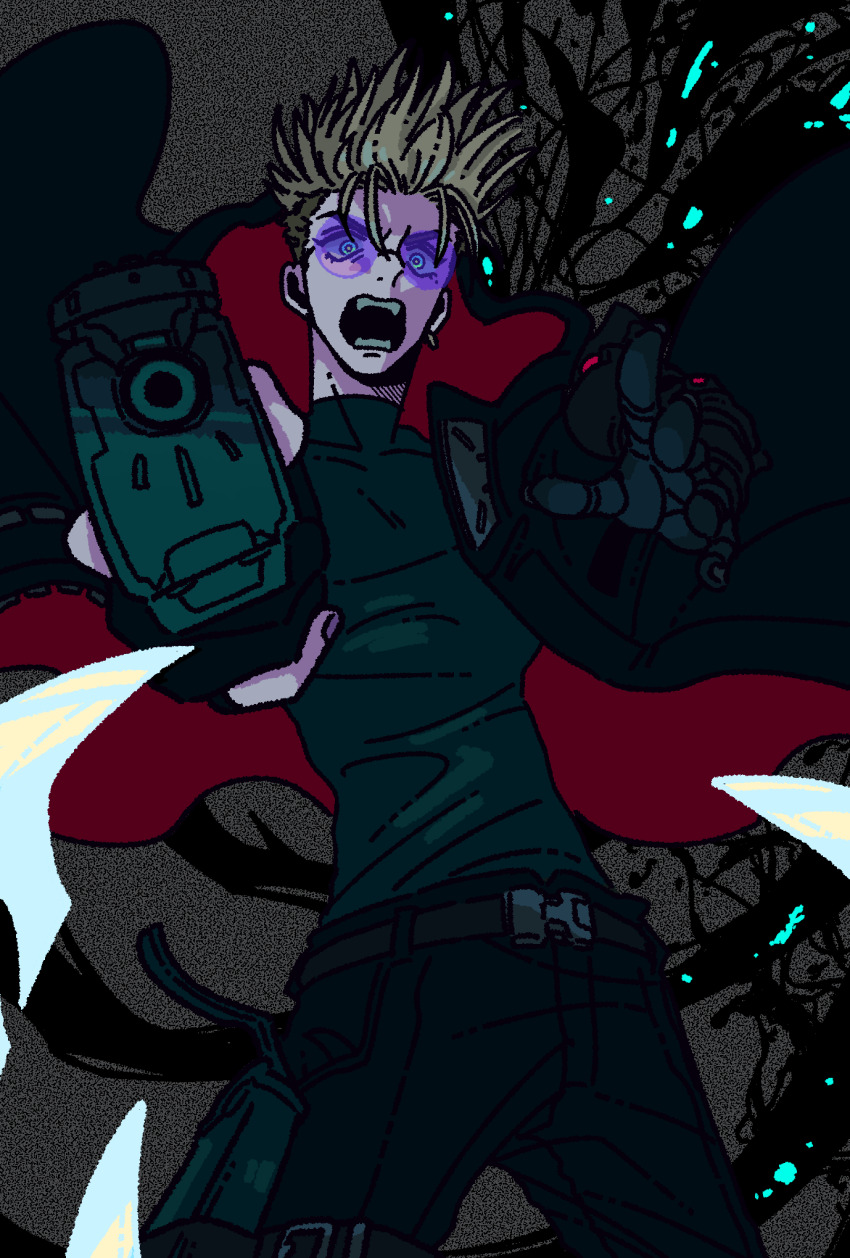 1boy aiming amo30101 aqua_eyes black_coat black_pants black_shirt blonde_hair blue-tinted_eyewear coat falling film_grain grey_background highres holster jaggy_lines looking_at_viewer male_focus multicolored_coat open_mouth pants prosthesis prosthetic_arm red_coat round_eyewear shirt solo spiked_hair tinted_eyewear trigun trigun_stampede turtleneck turtleneck_shirt two-sided_coat two-sided_fabric two-tone_coat undercut vash_the_stampede