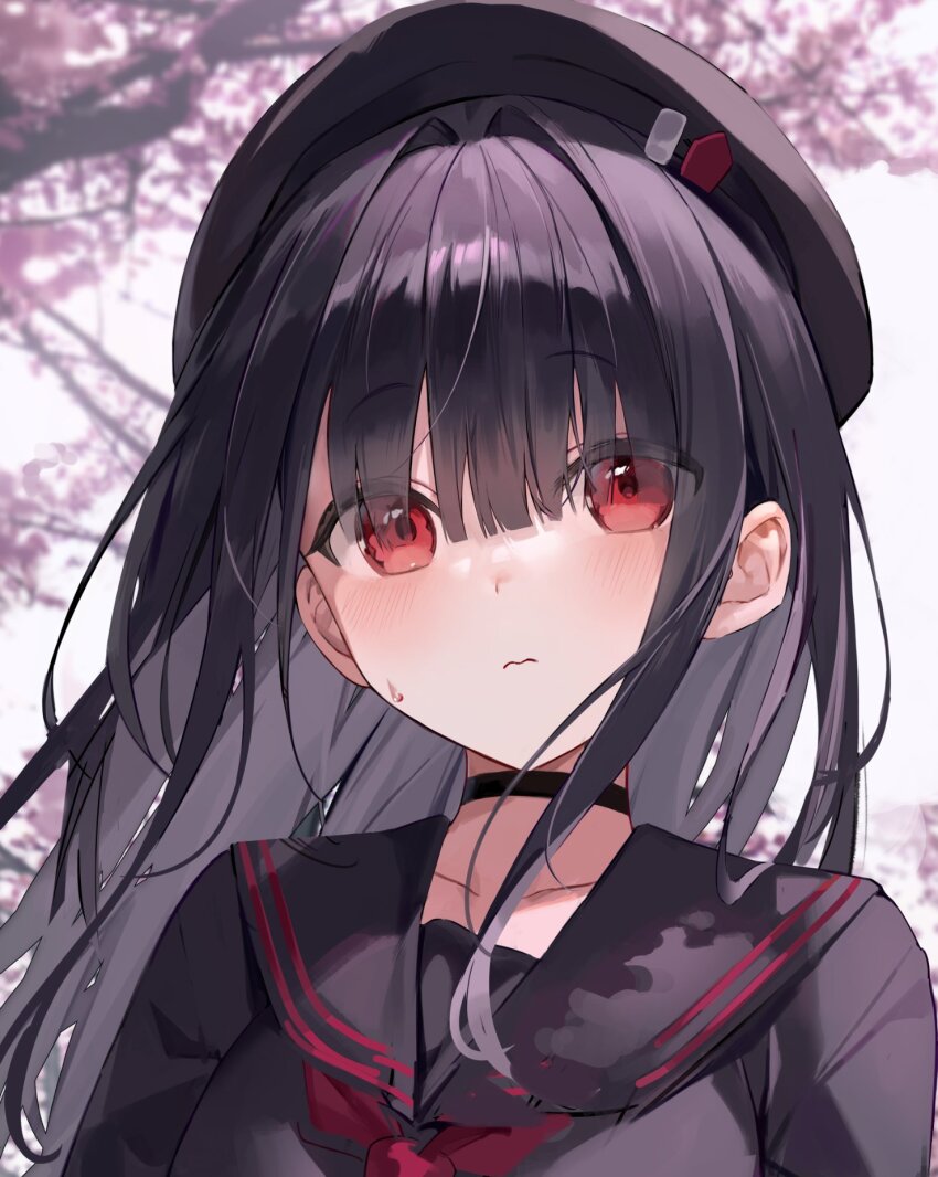 1girl beret black_choker black_hair black_hat black_sailor_collar black_serafuku black_shirt blue_archive blunt_bangs cherry_blossoms choker close-up closed_mouth collarbone commentary extra hair_over_eyes hat highres justice_task_force_member_(blue_archive) knowa long_hair neckerchief portrait red_eyes red_neckerchief sailor_collar school_uniform serafuku shirt solo sweatdrop