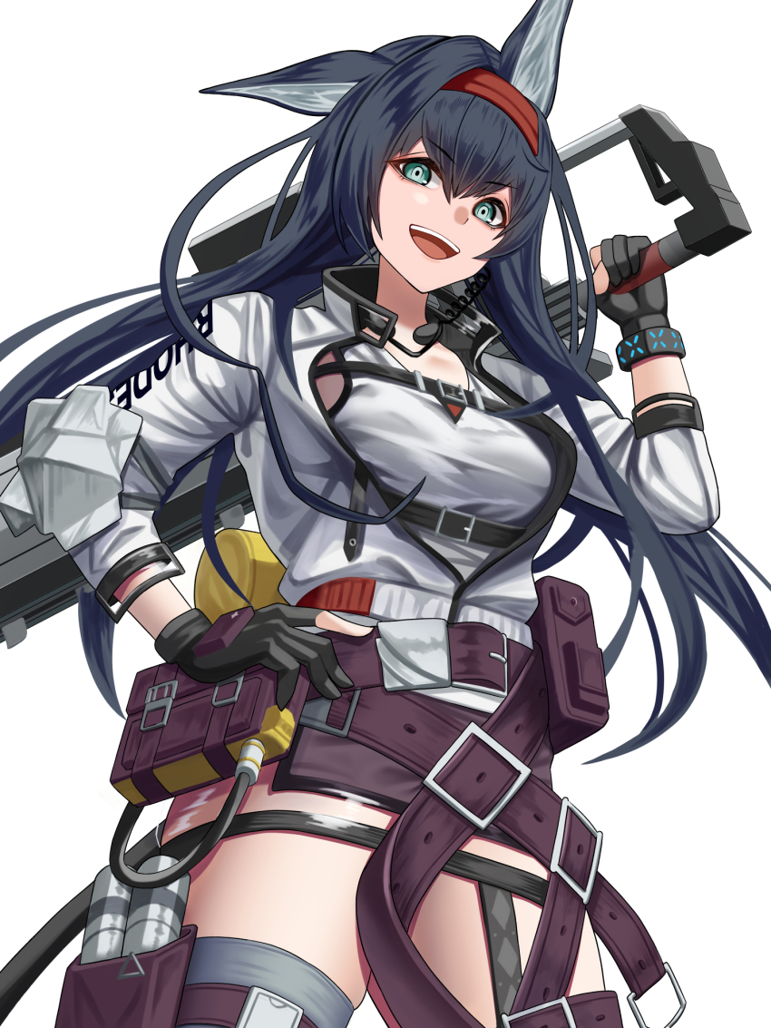 1girl animal_ears arknights belt black_gloves black_hair blaze_(arknights) blue_eyes breasts cat_ears chainsaw chest_belt chest_strap commentary cowboy_shot gloves hairband hand_on_own_hip hand_up highres holding ikutachi infection_monitor_(arknights) jacket long_hair looking_at_viewer open_clothes open_jacket open_mouth partially_fingerless_gloves red_hairband shirt simple_background single_ear_down smile solo teeth upper_teeth_only white_background white_jacket white_shirt