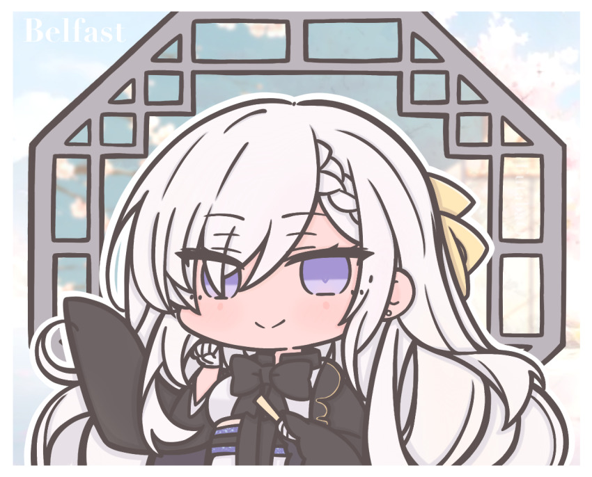 1girl ai-assisted ai-generated_background architecture artist_name azur_lane belfast_(azur_lane) black_bow black_bowtie blue_sash blurry blurry_background bow bowtie braid branch breasts character_name cherry_blossoms chibi chibi_only closed_mouth commentary crown_braid ear_piercing east_asian_architecture floral_print flower folding_fan futaba_(anti_clockwise) gloves hair_over_one_eye hand_fan japanese_clothes kimono lapels long_hair looking_at_viewer medium_breasts official_alternate_costume piercing pink_flower purple_eyes sash sky smile solo symbol-only_commentary tree white_gloves white_hair white_kimono