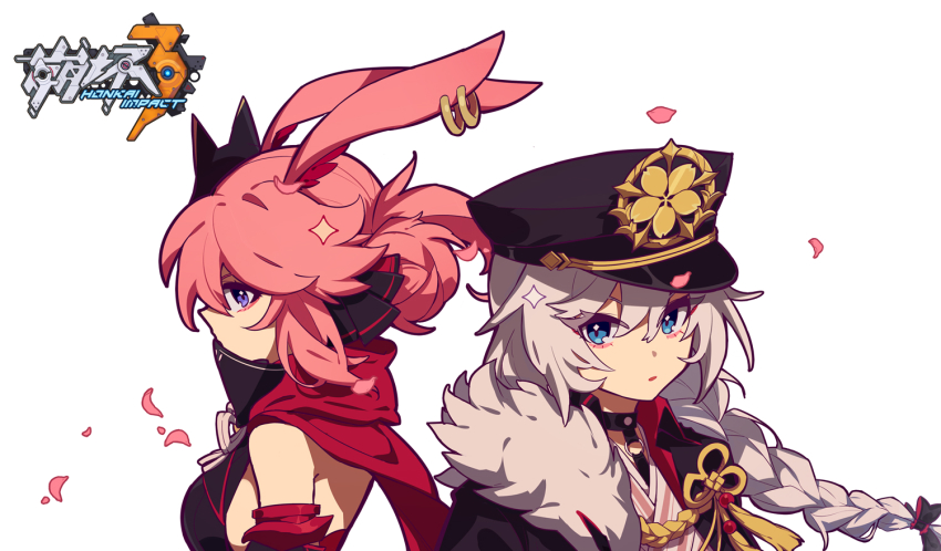 2girls animal_ears black_headwear blue_eyes braid braided_ponytail closed_mouth earrings fox_ears fox_mask hair_between_eyes hair_ornament hat honkai_(series) honkai_impact_3rd jewelry kallen_kaslana kallen_kaslana_(hanami_daimyo) kallen_kaslana_(sixth_serenade) long_hair looking_at_viewer mask meadow_(morphinecaca) military military_hat multiple_girls ninja petals pink_hair purple_eyes simple_background white_background white_hair yae_kasumi yae_sakura