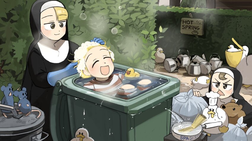 3girls :d bathing bird blonde_hair blue_gloves brown_eyes brown_hair chef_hat chicken closed_eyes clumsy_nun_(diva) commentary diva_(hyxpk) duck english_commentary froggy_nun_(diva) gloves habit hat hedge highres kettle little_nuns_(diva) mouse_(animal) multiple_girls nun old-fashioned_swimsuit open_mouth pelican rubber_duck rubber_gloves slice_of_life smile spicy_nun_(diva) star_ornament stuffed_animal stuffed_capybara stuffed_toy traditional_nun trash_bag trash_can triangle_mouth washing_another washing_hair yellow_eyes