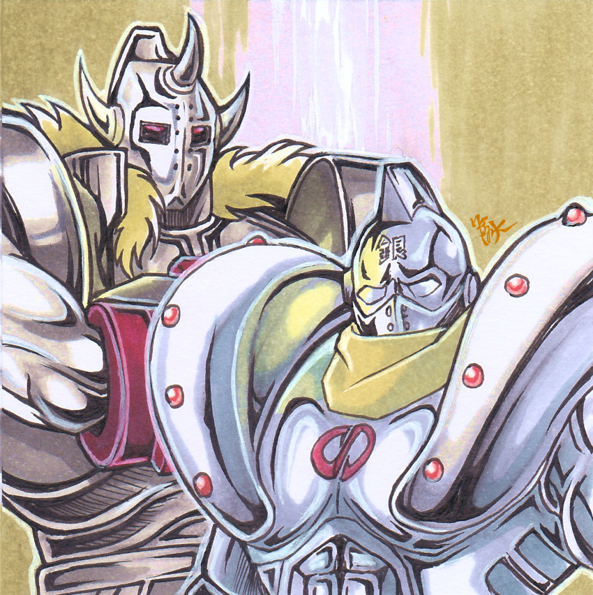 2boys abs akuma_shogun armor artist_request brothers epaulettes full_armor highres horns kinnikuman looking_at_viewer mask multiple_boys muscular no_humans scarf siblings silverman standing traditional_media wrestling wrestling_mask