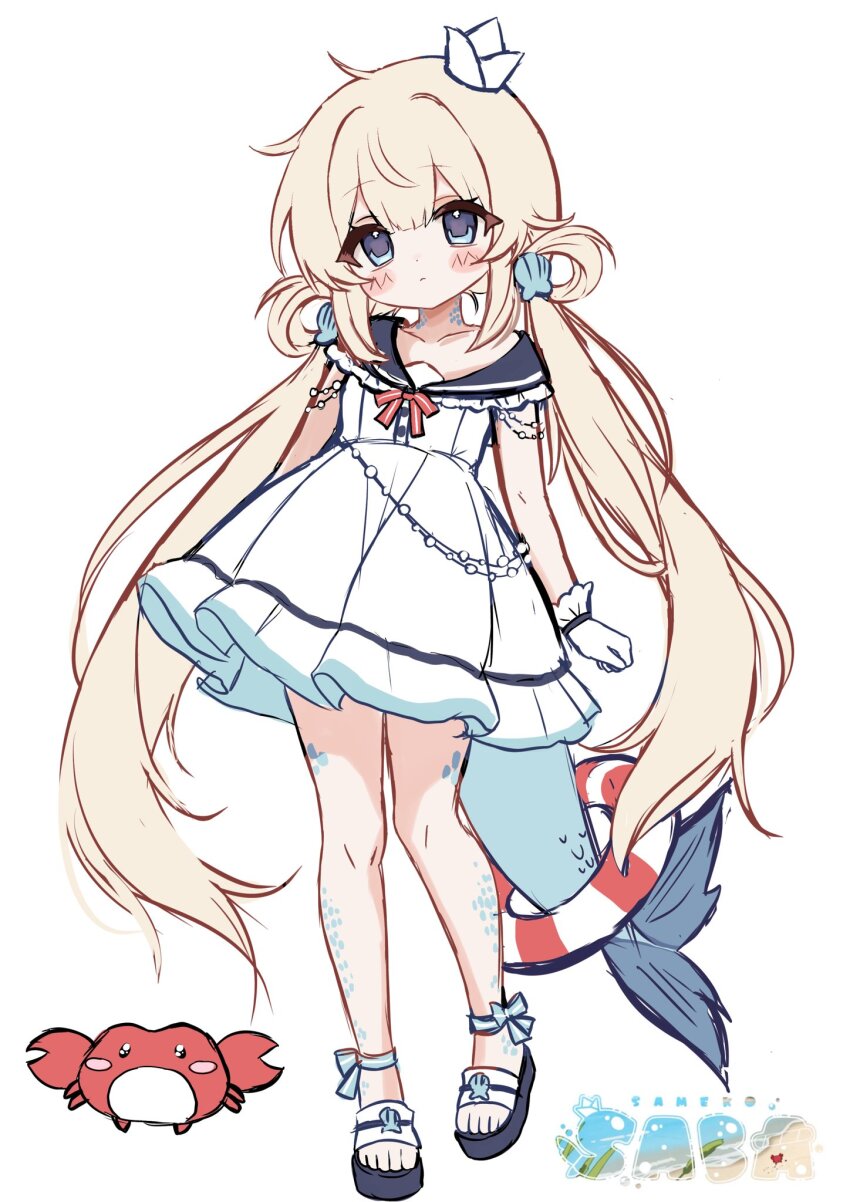 1girl blonde_hair blue_eyes blue_sandals blue_scales blush_stickers bow character_name commentary crab design_speculation dress fins fish_tail frilled_dress frilled_sailor_collar frills full_body gloomy_vt gloves hair_rings highres indie_virtual_youtuber kaniki_(sameko_saba) lifebuoy long_hair looking_at_viewer low_twintails red_bow sailor_collar sailor_dress sameko_saba sandals shell_hair_ornament simple_background solo swim_ring tail twintails very_long_hair virtual_youtuber white_background white_dress white_gloves