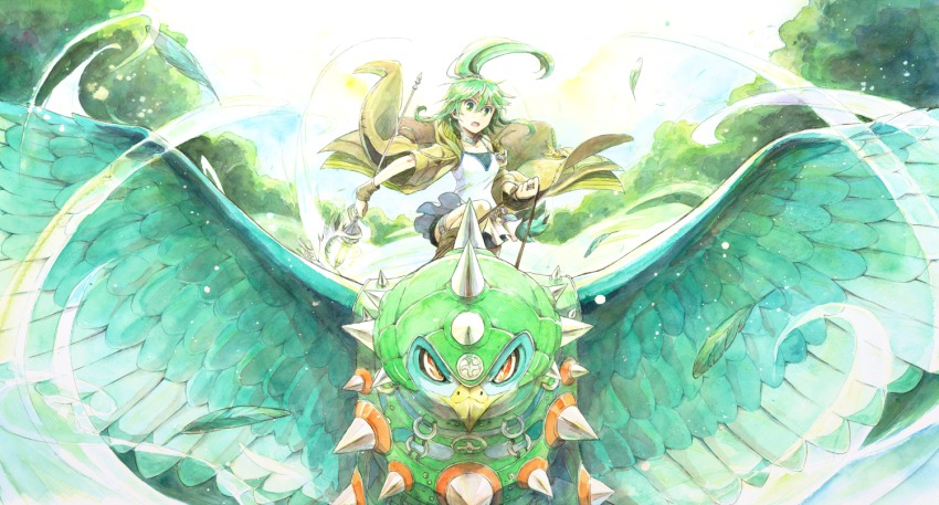 1girl beak bird breasts collar collarbone daigusto_gulldos duel_monster female_focus gloves green_eyes green_hair gusto_gulldo hair_ornament jacket jewelry long_hair mizutama_(mizutamalion) necklace open_mouth painting_(medium) ponytail shorts solo staff traditional_media watercolor_(medium) winda_(yu-gi-oh!) winda_priestess_of_gusto yu-gi-oh!