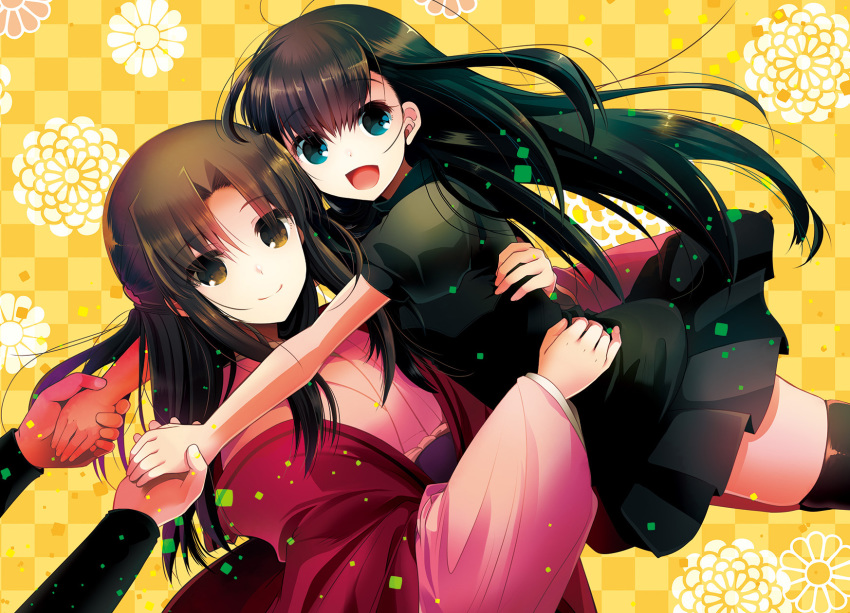2girls :d black_hair black_legwear black_shirt black_skirt blue_theme blunt_bangs brown_eyes checkered_background floating_hair hair_between_eyes highres holding_hands hug izumiya_otoha japanese_clothes kara_no_kyoukai kimono long_hair looking_at_viewer miniskirt mother_and_daughter multiple_girls open_mouth pink_kimono pleated_skirt ryougi_mana ryougi_shiki shirt short_sleeves skirt smile thighhighs very_long_hair yellow_background yukata zettai_ryouiki