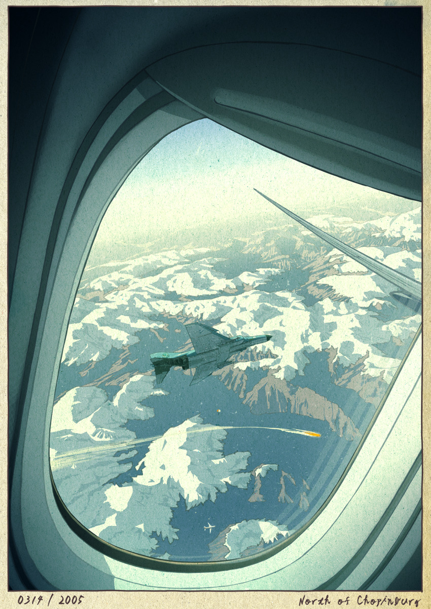 ace_combat ace_combat_04 aircraft airplane border check_commentary cloud commentary_request day english_text f-4_phantom_ii fighter_jet fine_art_parody flying highres jet_airliner looking_outside military military_vehicle mobius_1 mountain nihonga no_humans outdoors parody ukiyo-e vehicle_focus window yuukou