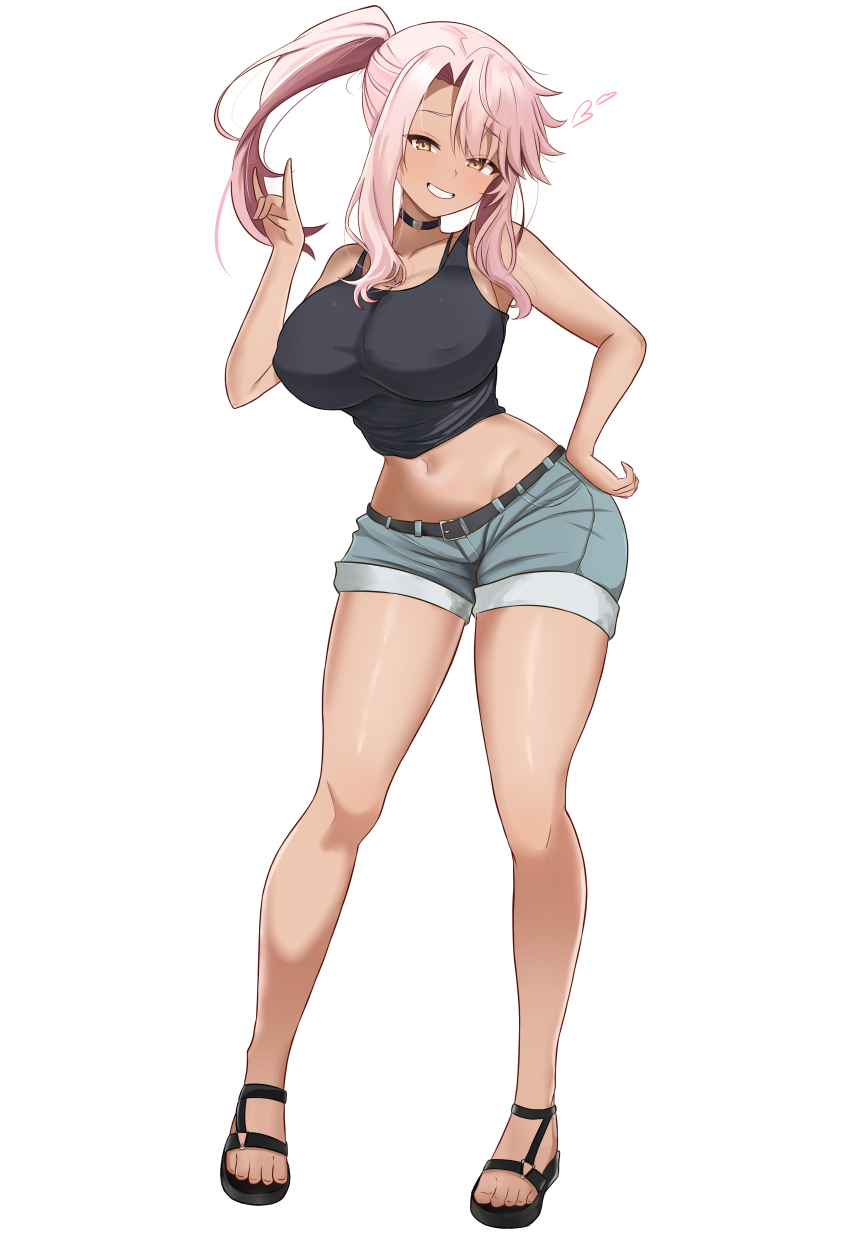 +++ 1girl :d ^_^ absurdres adversarial_noise artist_name bare_arms bare_shoulders black_tank_top black_thighhighs blonde_hair blue_hair blue_shorts blush breasts chloe_von_einzbern cleavage closed_eyes commentary covered_erect_nipples dark-skinned_female dark_skin english_commentary facing_viewer fate/kaleid_liner_prisma_illya fate_(series) gradient_hair hand_on_own_knee hat highres horns horns_through_headwear huge_breasts leaning_forward long_hair multicolored_hair navel open_mouth orange_eyes paid_reward_available pink_hair shokobr short_shorts shorts simple_background smile solo tank_top teeth thighhighs upper_teeth_only very_long_hair wavy_hair white_background