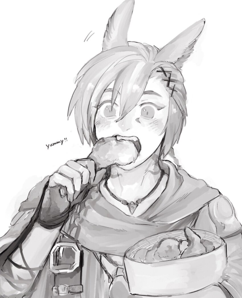 1boy animal_ears blush bucket_of_chicken cat_ears chicken_(food) comeco1103 eating fangs final_fantasy final_fantasy_xiv fingerless_gloves food food_in_mouth fried_chicken g&#039;raha_tia gloves greyscale hair_ornament highres holding holding_food jewelry male_focus monochrome open_mouth pendant scarf short_hair simple_background solo swept_bangs upper_body white_background wide-eyed x_hair_ornament