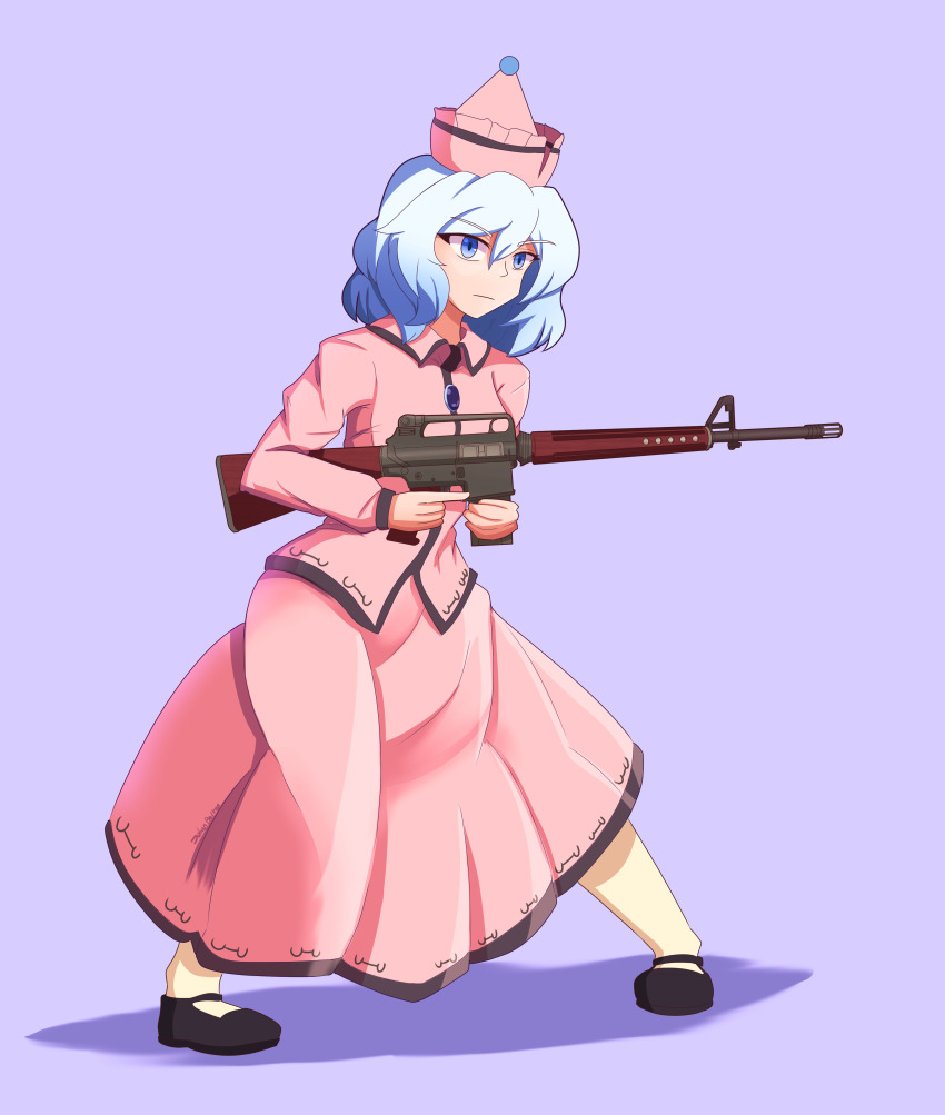 1girl absurdres ar-10 battle_rifle black_footwear blue_eyes blue_hair closed_mouth commentary english_commentary full_body gun hat highres holding holding_weapon julian_belkan long_sleeves looking_at_viewer merlin_prismriver pink_hat pink_shirt pink_skirt purple_background rifle shirt short_hair simple_background skirt solo standing touhou weapon