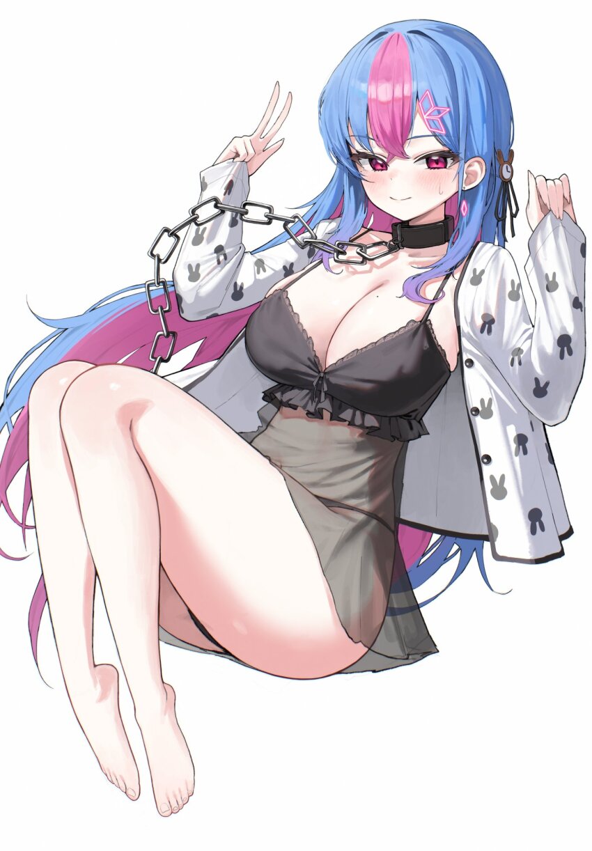 1girl animal_print barefoot bing_hayu black_negligee black_panties blue_hair blush breasts chain closed_mouth collar colored_inner_hair commentary frills full_body gigabani hands_up highres jacket knees_up large_breasts lingerie long_sleeves looking_at_viewer luvdia metal_collar mole mole_on_breast multicolored_hair open_clothes open_jacket panties parted_bangs pink_eyes pink_hair print_jacket rabbit_print see-through_clothes simple_background small_sweatdrop smile solo streaked_hair symbol-only_commentary two-tone_hair underwear virtual_youtuber w white_background white_jacket