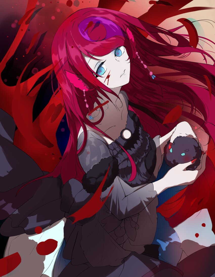 1girl black_dress blood blood_on_face blue_eyes creature dress duel_monster highres holding holding_creature looking_at_viewer red_hair solo standing uragawai vampire_fascinator yu-gi-oh!