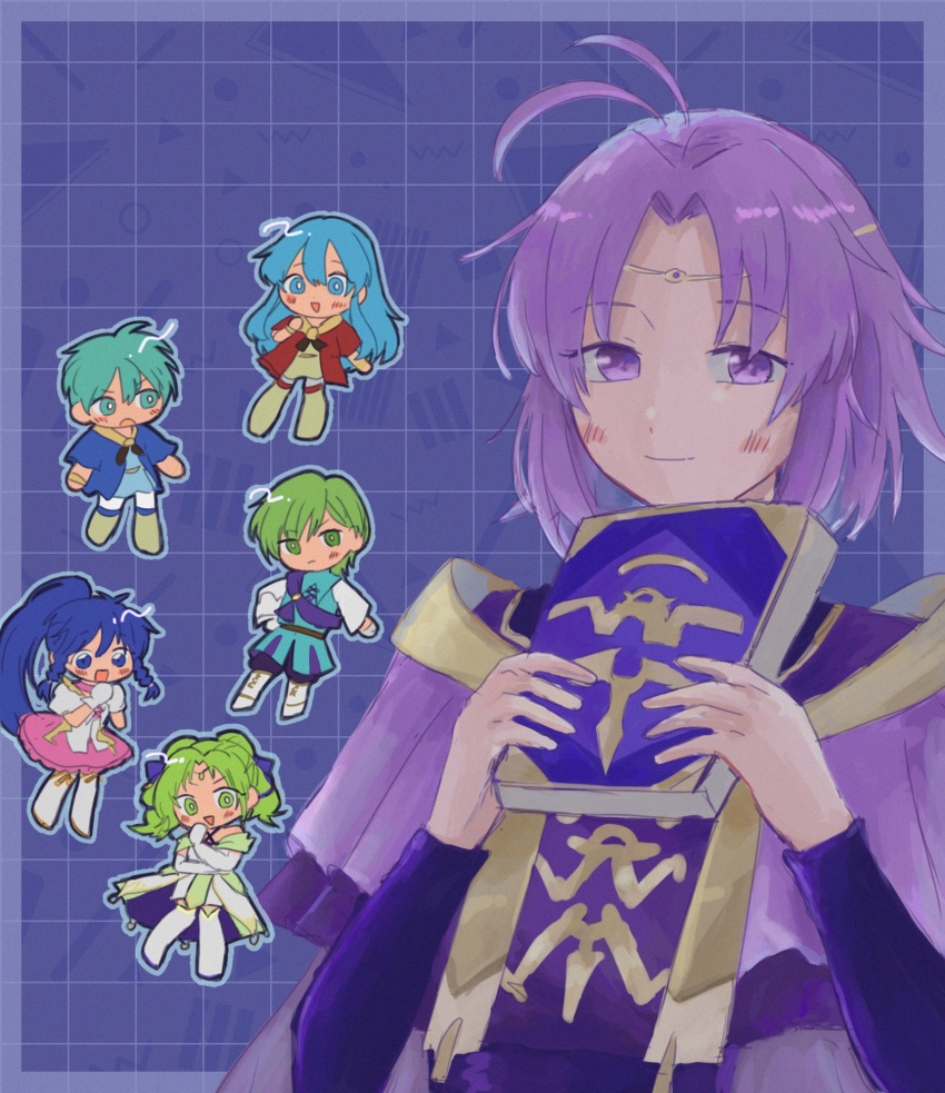 3boys 3girls :d :o aged_down aqua_eyes aqua_hair blue_eyes blue_hair blush book braid chibi chibi_inset circlet closed_mouth eirika_(fire_emblem) eirika_(twin_refulgence)_(fire_emblem) ephraim_(fire_emblem) ephraim_(twin_refulgence)_(fire_emblem) fire_emblem fire_emblem:_the_sacred_stones fire_emblem_heroes frown gloves green_eyes green_hair grid_background hair_between_eyes highres holding holding_book ichgomi innes_(fire_emblem) innes_(frelian_moonlight)_(fire_emblem) l&#039;arachel_(fire_emblem) l&#039;arachel_(seeker_of_justice)_(fire_emblem) long_hair long_sleeves looking_at_viewer lyon_(fire_emblem) lyon_(grado&#039;s_gaze)_(fire_emblem) multiple_boys multiple_girls nintendo official_alternate_costume open_mouth ponytail protected_link purple_eyes purple_hair short_hair short_sleeves smile tana_(fire_emblem) tana_(frelian_starlight)_(fire_emblem) twin_braids white_gloves