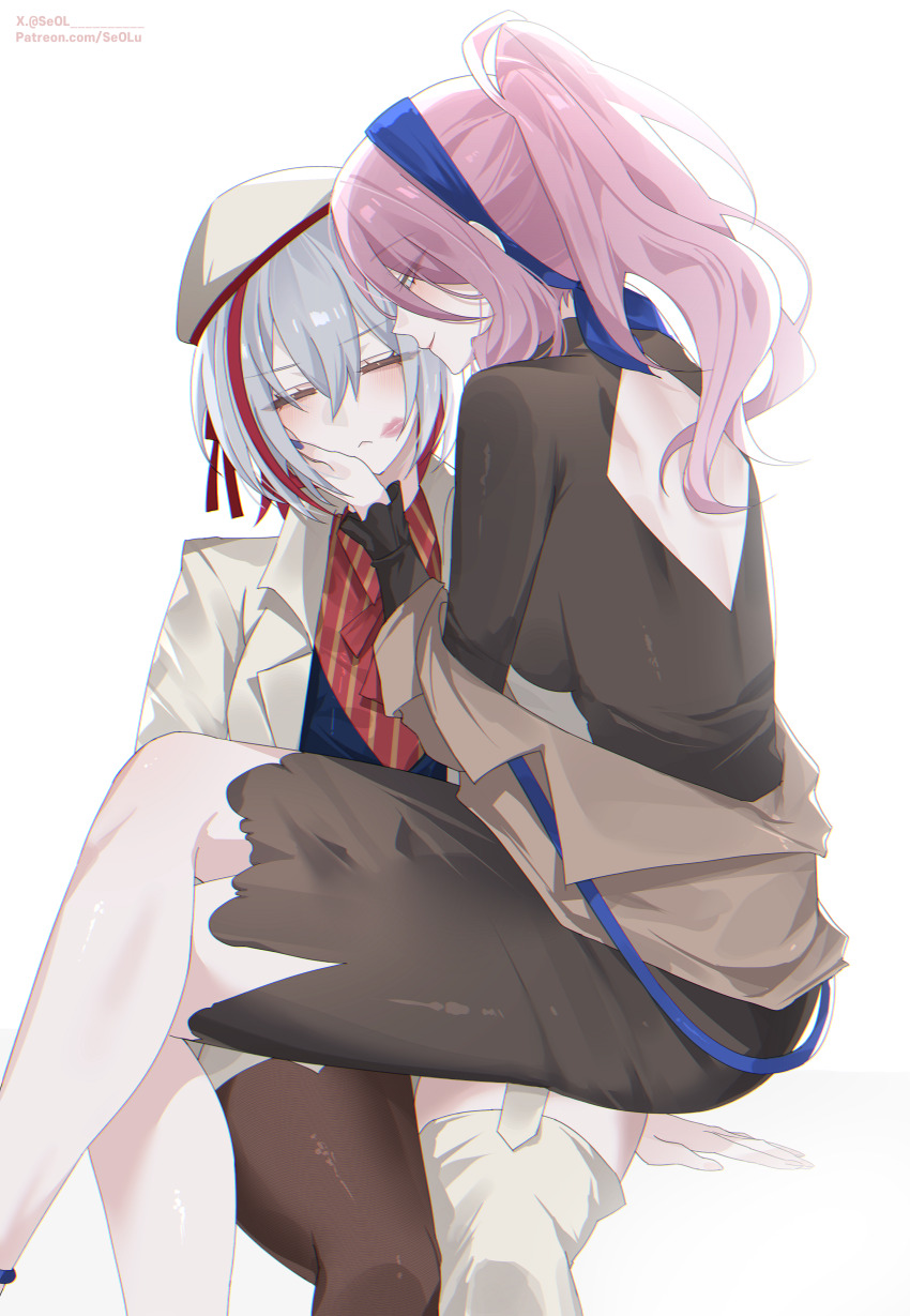 2girls absurdres back_cutout black_dress blue_hairband carrying carrying_person closed_eyes closed_mouth clothing_cutout commentary dress frown grey_hair hairband hat highres honkai:_star_rail honkai_(series) hoyofair jacket jade_(honkai:_star_rail) lipstick_mark lipstick_mark_on_face long_sleeves multicolored_hair multiple_girls patreon_username pink_hair ponytail red_hair red_shirt seol_(baconontheclock) shirt simple_background streaked_hair striped_clothes striped_shirt topaz_(honkai:_star_rail) twitter_username two-tone_hair vertical-striped_clothes vertical-striped_shirt white_background white_hat white_jacket yuri