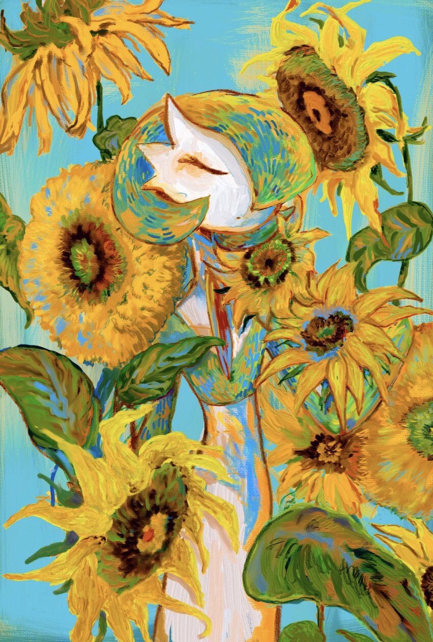 0pao 1girl aqua_background bad_id bad_twitter_id bob_cut closed_eyes closed_mouth colored_skin cowboy_shot dot_mouth dress eyeliner flower gardevoir gen_3_pokemon green_hair green_skin highres makeup medium_hair multicolored_skin nintendo orange_eyeliner pokemon pokemon_(creature) solo sunflower sunflowers_(van_gogh) two-tone_skin vincent_van_gogh_(style) white_dress white_skin yellow_flower