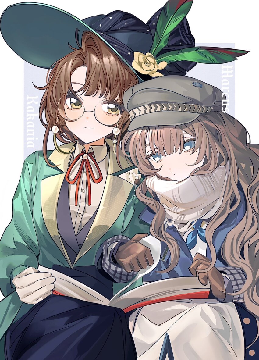2girls black_skirt blue_coat blue_eyes blue_neckerchief book book_on_lap brown_gloves brown_hair character_name closed_mouth coat collared_shirt feathers flower glasses gloves green_feathers green_hat green_jacket hat hat_feather hat_flower highres idsmile_25 jacket kakania_(reverse:1999) long_hair looking_at_viewer looking_down marcus_(reverse:1999) mole mole_under_eye multiple_girls neck_ribbon neckerchief open_book picture_hat reading red_ribbon reverse:1999 ribbon round_eyewear scarf shirt skirt smile upper_body white_scarf white_shirt yellow_eyes yellow_flower
