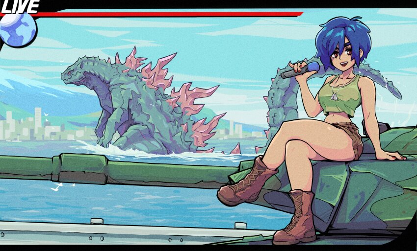 1girl absurdres atari belt belt_buckle bird black_belt blue_eyes blue_hair blue_sky boots breasts buckle building city cleavage cloud crop_top day denim denim_shorts dinosaur dog_tags doobermcgoober flying giant giant_monster godzilla godzilla:_domination godzilla_(series) highres hill holding holding_microphone kaiju lipstick live live_broadcast looking_at_viewer makeup matsu_connie medium_breasts microphone midriff military military_uniform military_vehicle monster motor_vehicle mountain navel news reporter newscaster no_pupils ocean open_mouth outdoors pants pipeworks red_eyes reporter sea_monster sharp_teeth short_hair shorts sky skyscraper smile spikes splashing standing tail tank teeth thick_thighs thighs toho water wayforward weapon wings